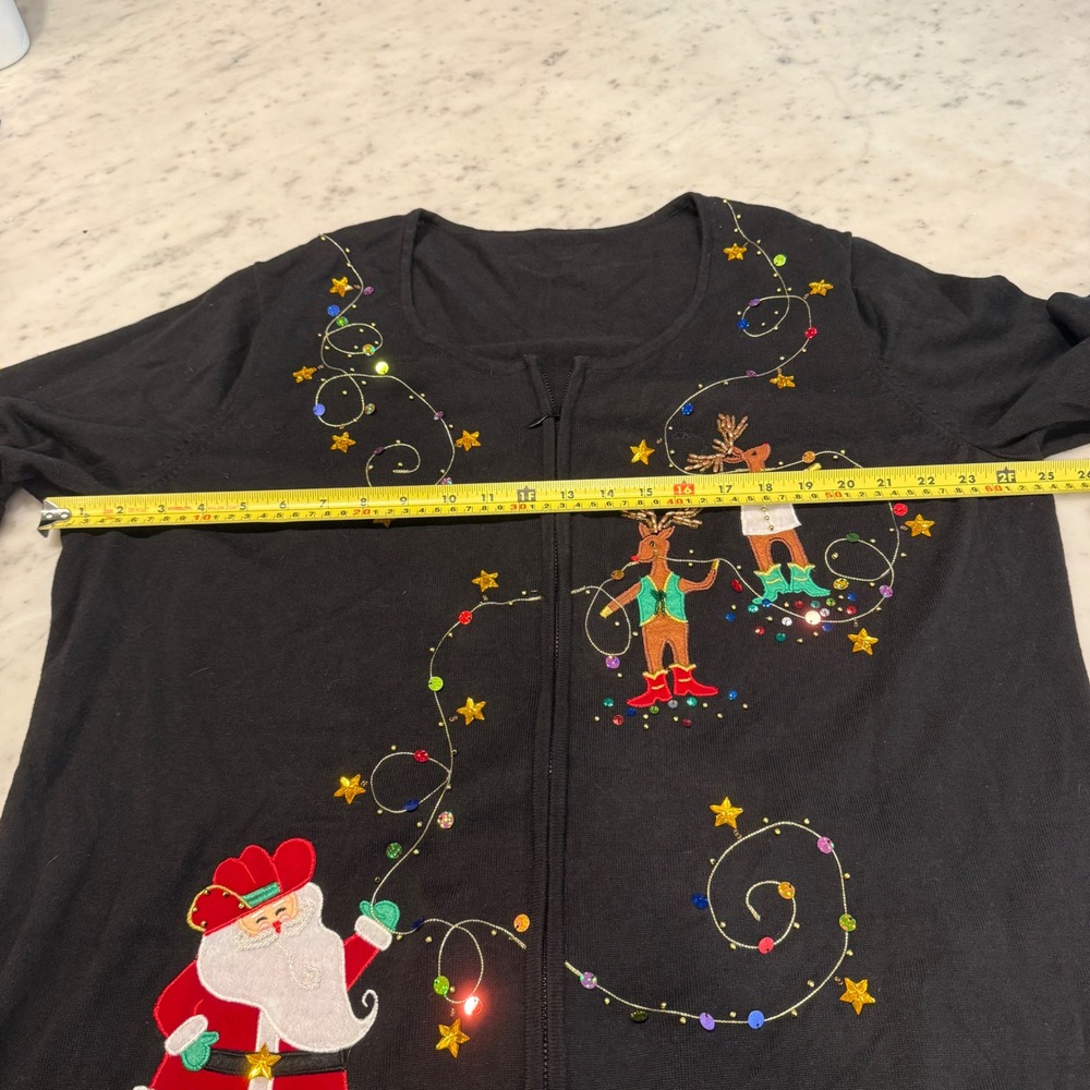 Black Zip Up Ugly Christmas Sweater Santa Reindeer Sequins Women Size L - Picture 4 of 5